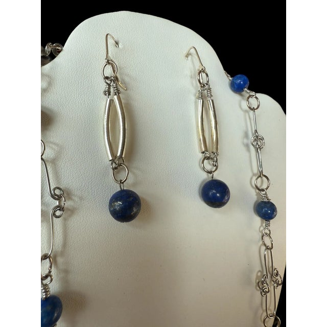1990s Sterling Silver Lapis Lazuli Necklace Earrings Set - 3 Pieces For Sale - Image 5 of 11