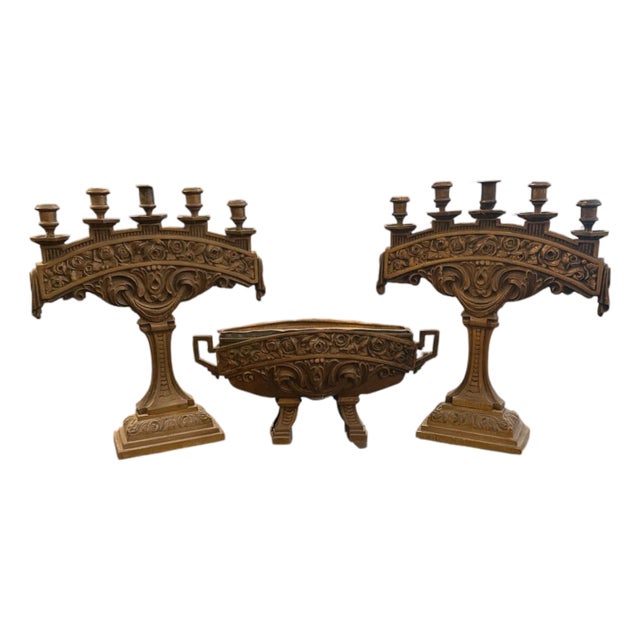 1920s Bronze Candle and Center Piece Set - Set of 3 For Sale