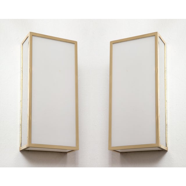 Metal Bespoke Milk Glass and Brass Sconces - Pair For Sale - Image 7 of 7