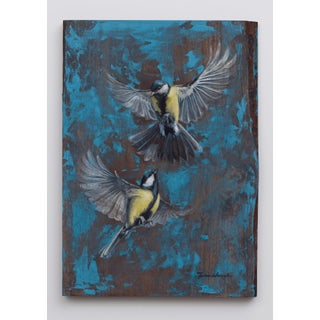 Birds in Flight by Terra Novak | Oil on birch Two birds flying against a blue background. For Sale