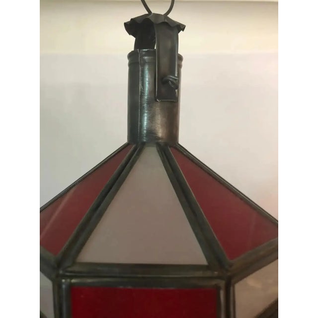 1990s Art Deco-Style White Milk & Red Glass & Bronze Chandelier, Pendant or Lantern For Sale - Image 13 of 18