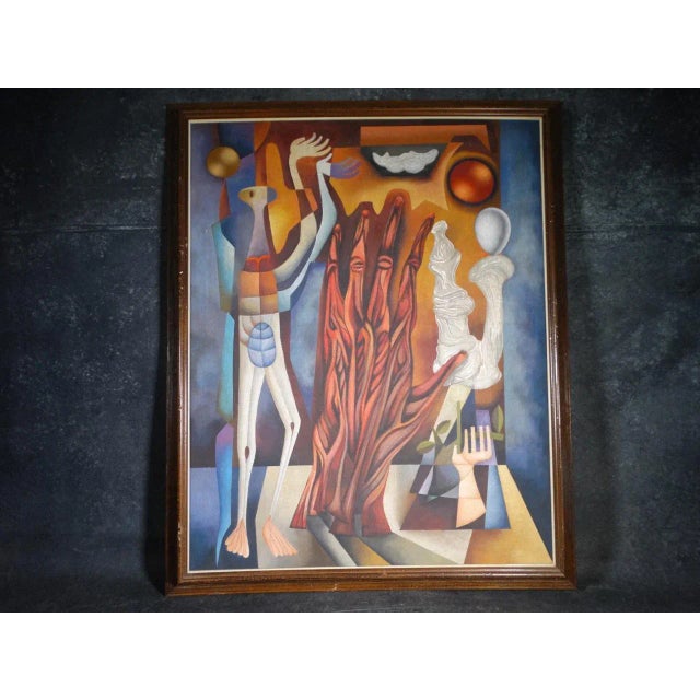 Textile Jose Maria De Servin Surrealist Tableau Oil Painting on Canvas, Circa 1960s For Sale - Image 7 of 7