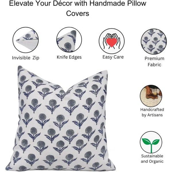 Fabdivine Boho Chic Block Print Cushion Cover 22x22 Inch- Genda Pushp For Sale - Image 4 of 4