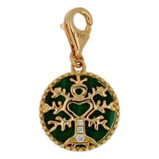 Diamond Tree of Life Nature Floral Flower Green Malachite Medallion Charm 18k For Sale