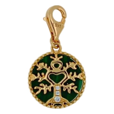 Diamond Tree of Life Nature Floral Flower Green Malachite Medallion Charm 18k For Sale