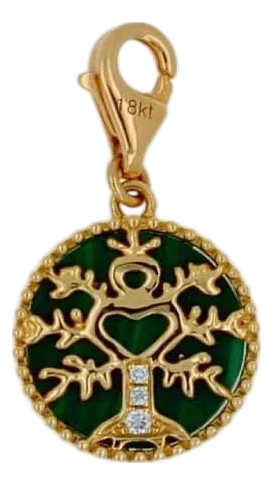 Diamond Tree of Life Nature Floral Flower Green Malachite Medallion Charm 18k