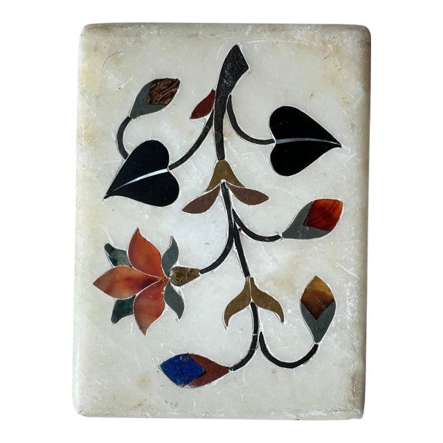White Alabaster Box With Floral Inlay For Sale