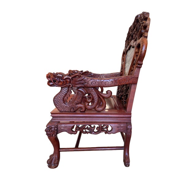 Antique Chinese Rosewood Dragon Armchair – Peranakan Style Carved Chair With Marble Insert, C. Late 19th or Early 20th Century For Sale - Image 4 of 16