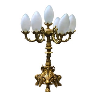 French Rococo 7-Light Candelabra Lamp – Gilded Bronze Table Accent For Sale