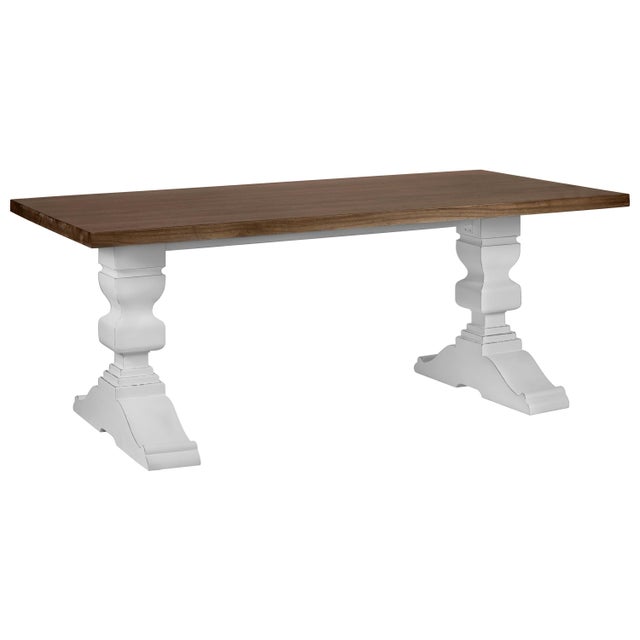 Vintage walnut top and white pedestal legs dining room table.