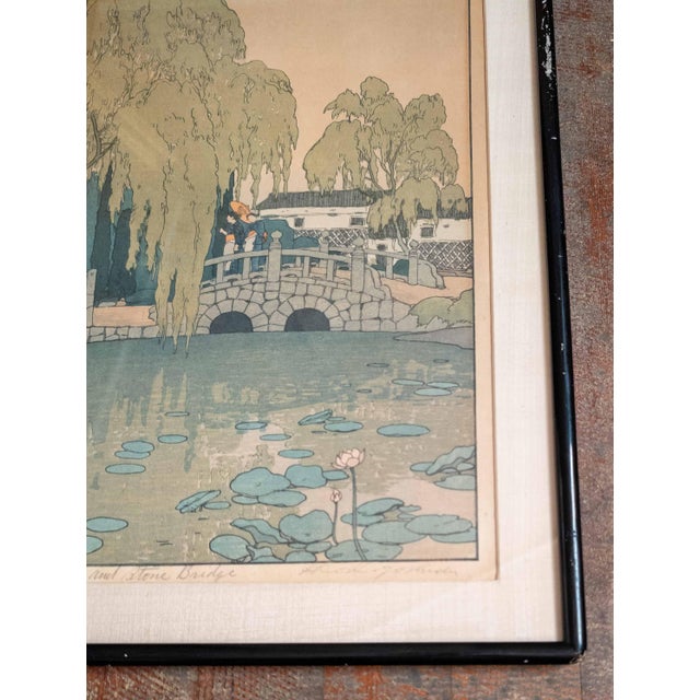 1920s 1920's Japanese Ukiyo-E Woodblock Print "Willow and Stone Bridge" by Hiroshi Yoshida For Sale - Image 5 of 18