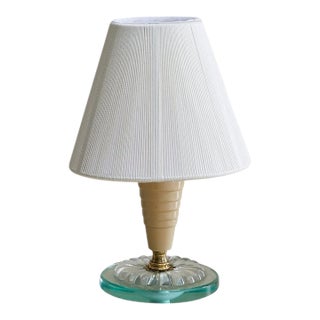 Italian Ivory Lacquered Metal + Glass Table Lamp with String Shade, 1950s For Sale