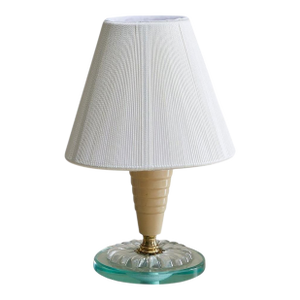 Italian Ivory Lacquered Metal + Glass Table Lamp with String Shade, 1950s