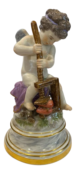19th Century Meissen Porcelain Figure of Cupid with Cheese Press