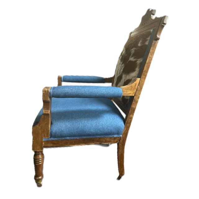 Victorian 'Desperado Eastlake' 19th Century Parlor Seating Reupholstered in Cowhide and Denim For Sale - Image 3 of 12