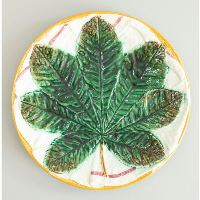 Ceramic Antique English George Jones Majolica Chestnut Leaf on a White Napkin Plate, C. 1870 For Sale - Image 7 of 7