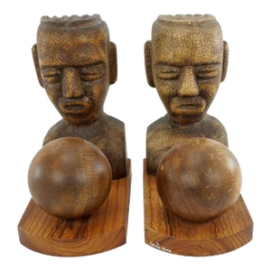 Pair of Carved Mesoamerican-Inspired Wood Bookends