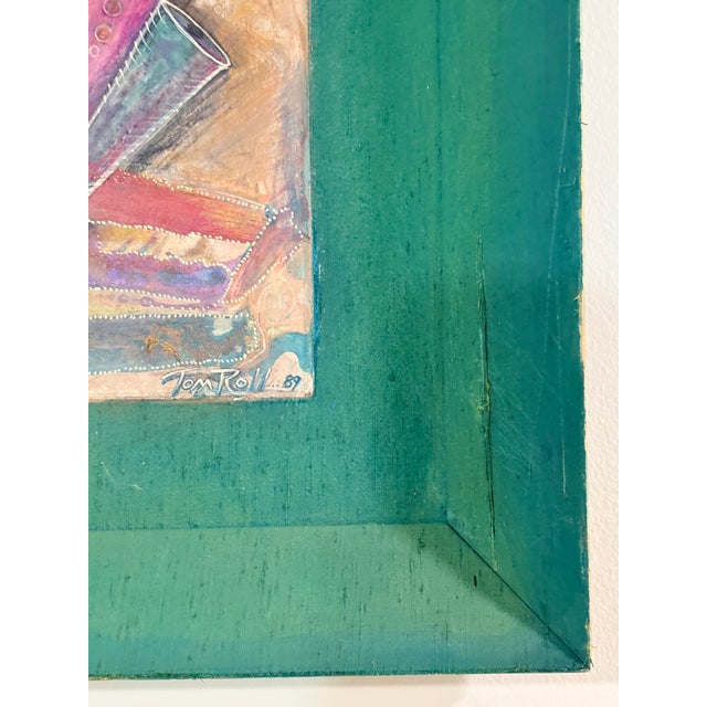 “Express Yourself” Vintage 1989 Tom Roll Abstract Mixed Media Painting in Teal Frame, 18" X 20" For Sale In Detroit - Image 6 of 9