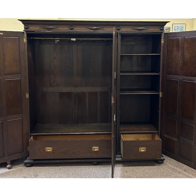 Antique English Oak Jacobean Revival Armoire c.1910 For Sale - Image 9 of 15