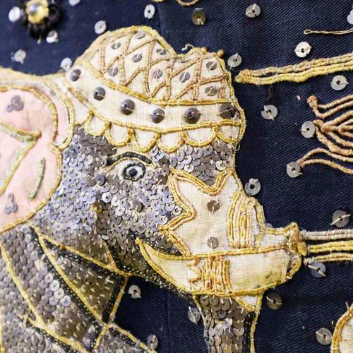 Textile Embroidered Burmese Kalaga Tapestry with Sequins in Golden Frame, 2000s For Sale - Image 7 of 11