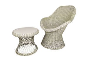 Set of Vintage White Rattan Armchair and Table