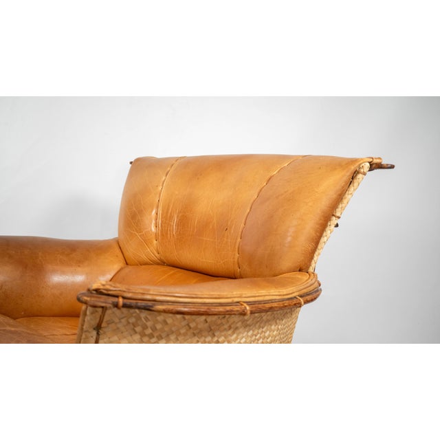 1990s Pacific Green 'Navajo' Cognac Leather & Rattan Lounge Chair For Sale - Image 5 of 18