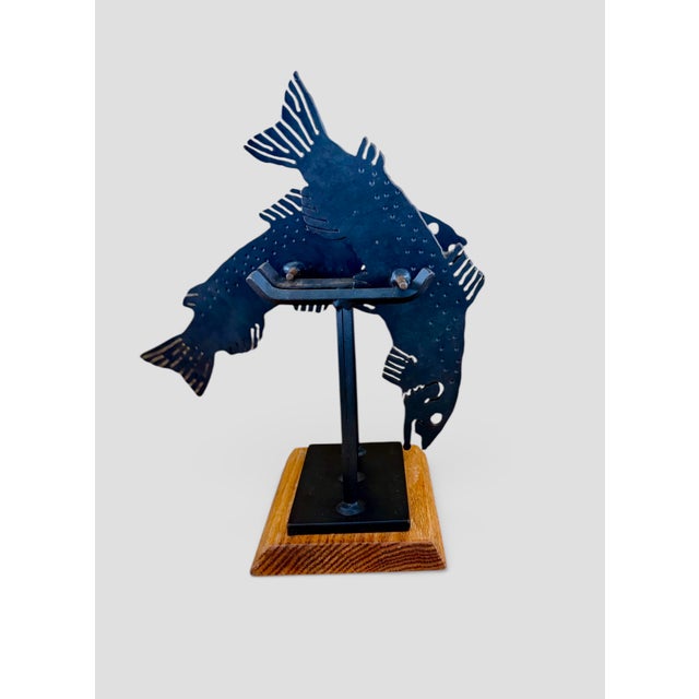 Signed Charles Ringer Kinetic Dual Trout / Salmon Cut Steel Brutalist Fish Sculpture Wood Base 1994 For Sale - Image 11 of 12