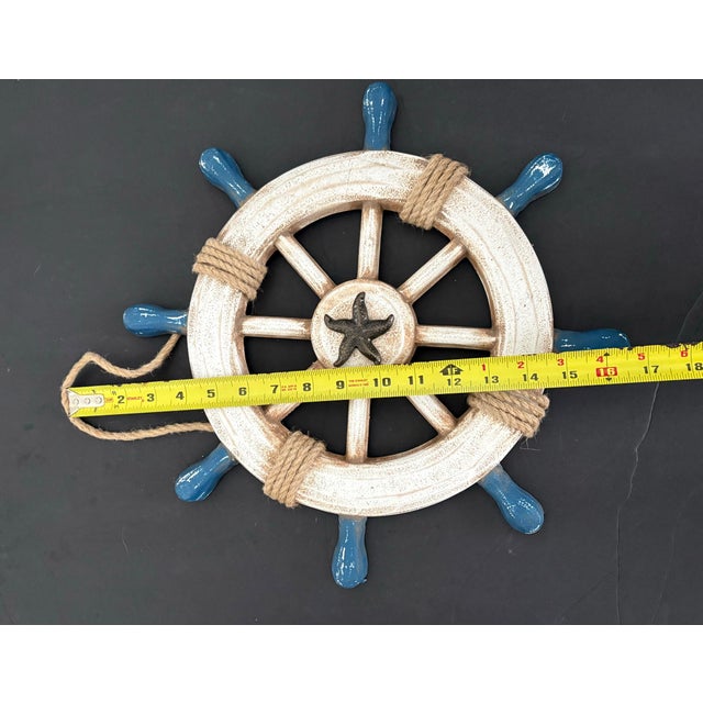 Blue Nautical Ship Wheel Wall Decor With Starfish, Coastal Beach House Hanging, Blue White Maritime Decor For Sale - Image 8 of 9