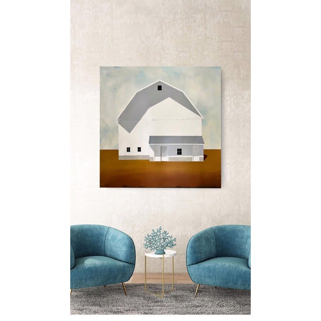 2020s Frontier by Justin Wheatley | Acrylic on Canvas White Barn on Ochre Ground For Sale - Image 5 of 9