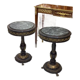 Set of 2 French-Style Round Side Tables – Marble Tops With Hand-Carved Gilded Wood Frames For Sale