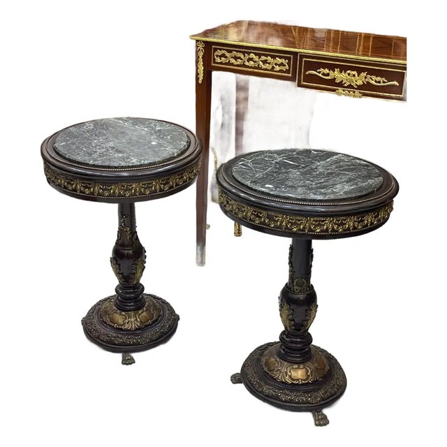 Set of 2 French-Style Round Side Tables – Marble Tops With Hand-Carved Gilded Wood Frames For Sale
