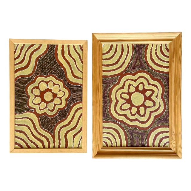 Dacou, Women Ceremony Aboriginal Dot Artworks, 1980s, Paintings on Canvases, Set of 2 For Sale