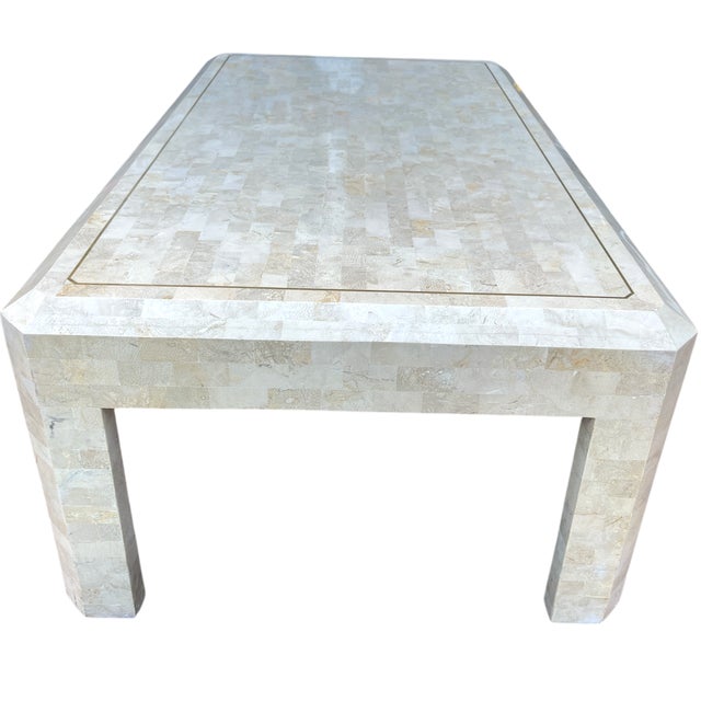 Contemporary Vintage Tessellated Travertine Stone and Brass Coffee Table Attributed to Maitland-Smith Karl Springer, 45" X 27" For Sale - Image 3 of 12