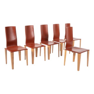 Vintage Dining Chairs in Leather and Wood by Afra and Tobia Scarpa, Italy, 1970, Set of 6 For Sale