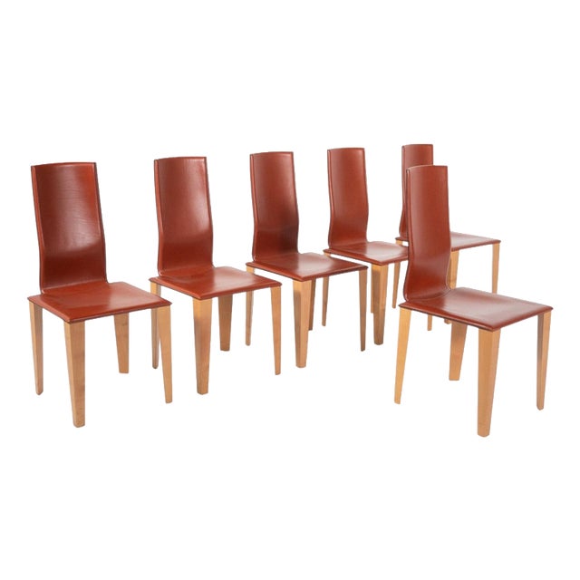 Vintage Dining Chairs in Leather and Wood by Afra and Tobia Scarpa, Italy, 1970, Set of 6 For Sale