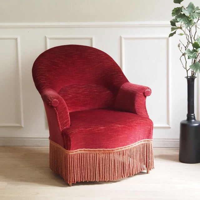 Vintage French Burgundy Cocktail Chair with Fringed Apron For Sale - Image 10 of 10