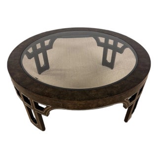 1970’s Ultra Rare Round Mastercraft Burled Glass Top Coffee Table With Intricate Recessed Brass Trim. For Sale