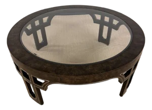 1970’s Ultra Rare Round Mastercraft Burled Glass Top Coffee Table With Intricate Recessed Brass Trim.