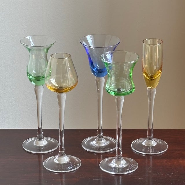 Vintage Hand-Blown Cordial / Liqueur Glasses & Giltwood Tray For Sale - Image 10 of 13