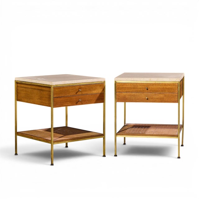 Paul McCobb for Calvin Irwin Group Model 8714 Mid Century Bleached Mahogany, Cane, Brass and Travertine Nightstand - Pair...