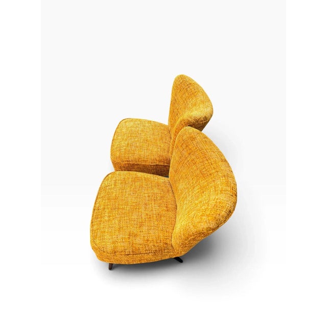 1950s Pair of Danish Modern Cocktail Chairs | Curved Winged Backs in Golden Mustard Tweed | Tapered Wood Legs | C. 1950s For Sale - Image 5 of 15