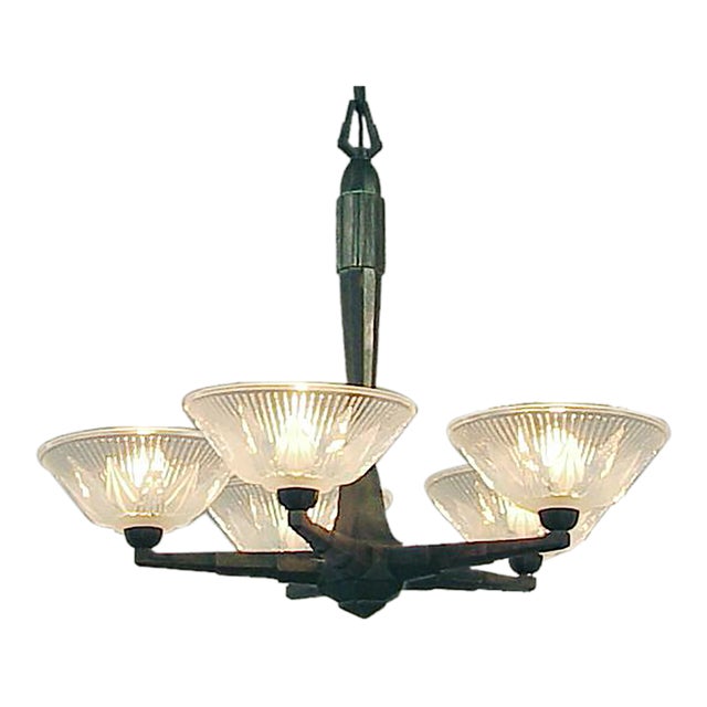 1930s 5-Light French Art Deco Bronze Chandelier, "The Best" Opalescent Shades For Sale