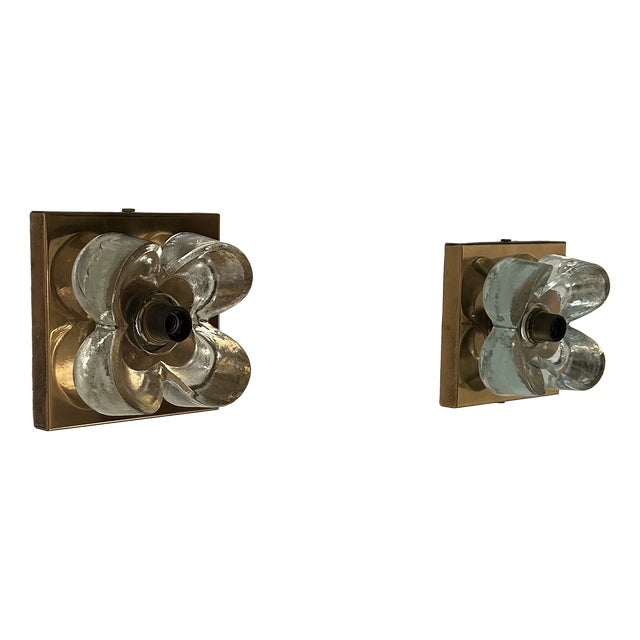 Brass and Glass Floral Motif Wall Sconces, Germany, 1970s, Set of 2 For Sale
