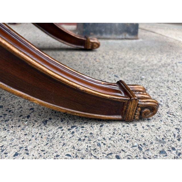 This is a pair of Ethan Allen Hollywood Regency inspired benches. These benches have a beautiful curved leg with gold...