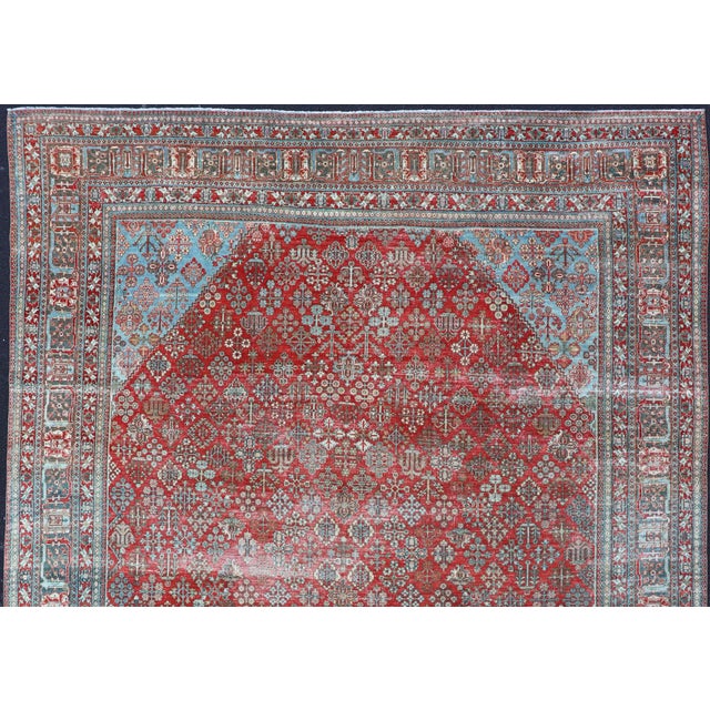 Antique Persian Joshegan Rug With Geometric Medallion Design in Red and Lt. Blue 9'6 X 12'3 For Sale - Image 12 of 15