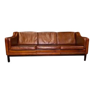 Vintage Stouby Mid Century Danish Modern Leather 3 Seat Sofa, Brown For Sale