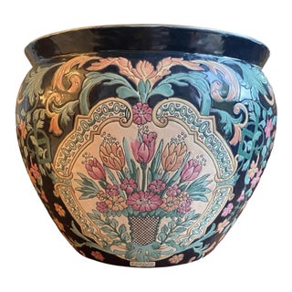 Vintage Floral Porcelain Fishbowl Planter Chinese Vase Koi Fish For Sale