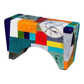 "Time Alone" by Michael Gustavson, Raku Ceramic Functional Bench Sculpture, Navy Teal Red & Orange Glaze, Contemporary California Art, Vibrant Colors For Sale