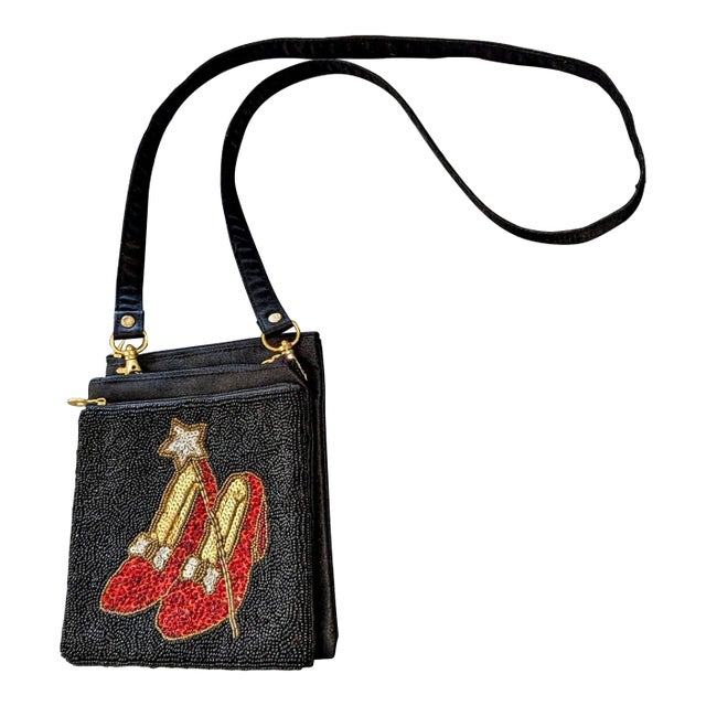 60's Evening Bag Ruby Red Slippers Black Framed Design in Glass Beads For Sale