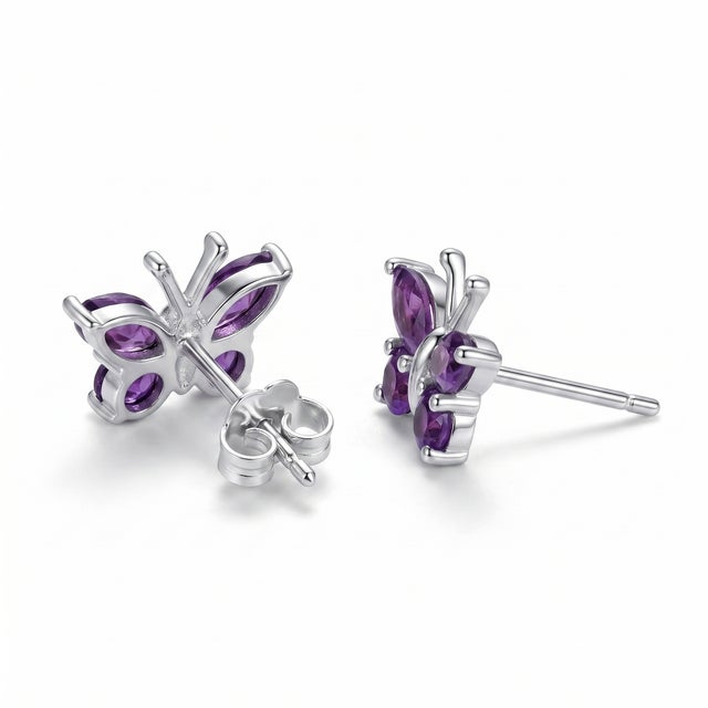 Art Deco Amethyst Butterfly Studs, 925 Silver Handmade Birthstone Studs - A Pair For Sale - Image 3 of 4